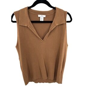 HALSTON Women Ribbed Collared Sleeveless Sweater Vest Top Camel XL